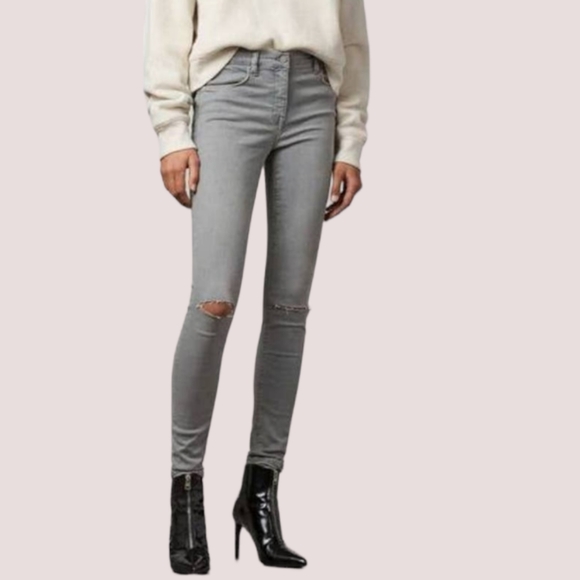 All Saints Denim - All Saints Grace Gray Slashed Knees Mid Rise Skinny Jeans Size 25